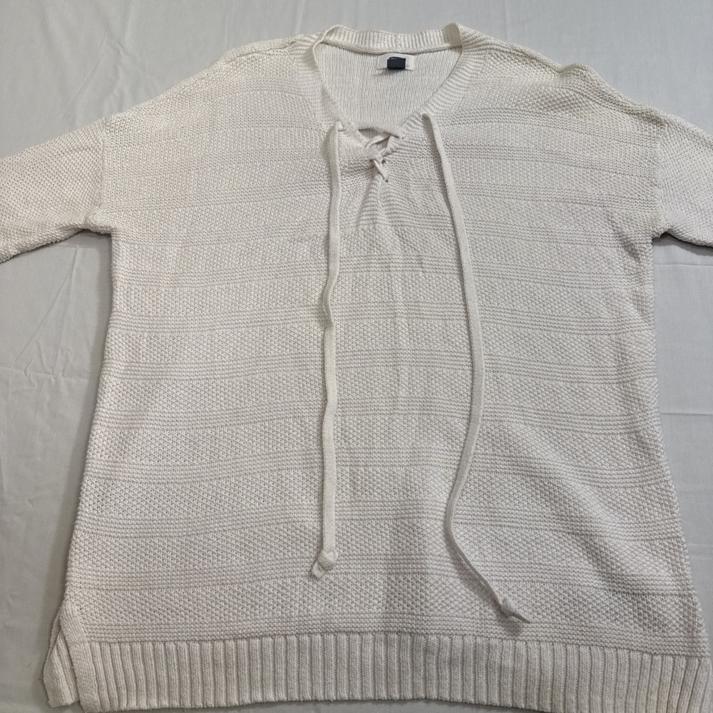 SWEATER WOMENS MEDIUM Lace Up Knit Casual  Comfy BEIGE CREAM‎ Pullover  OLD NAVY
